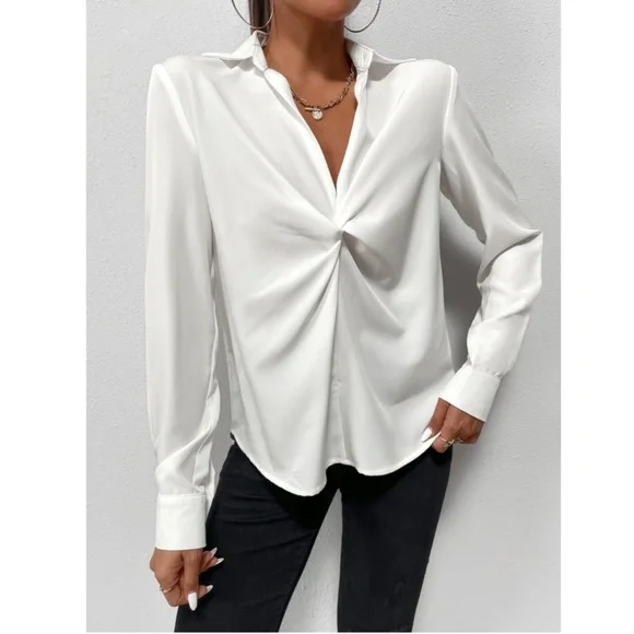 Twist Front White Office Shirt Long Sleeve Collar Neckline V-Neck - Picture 6 of 10